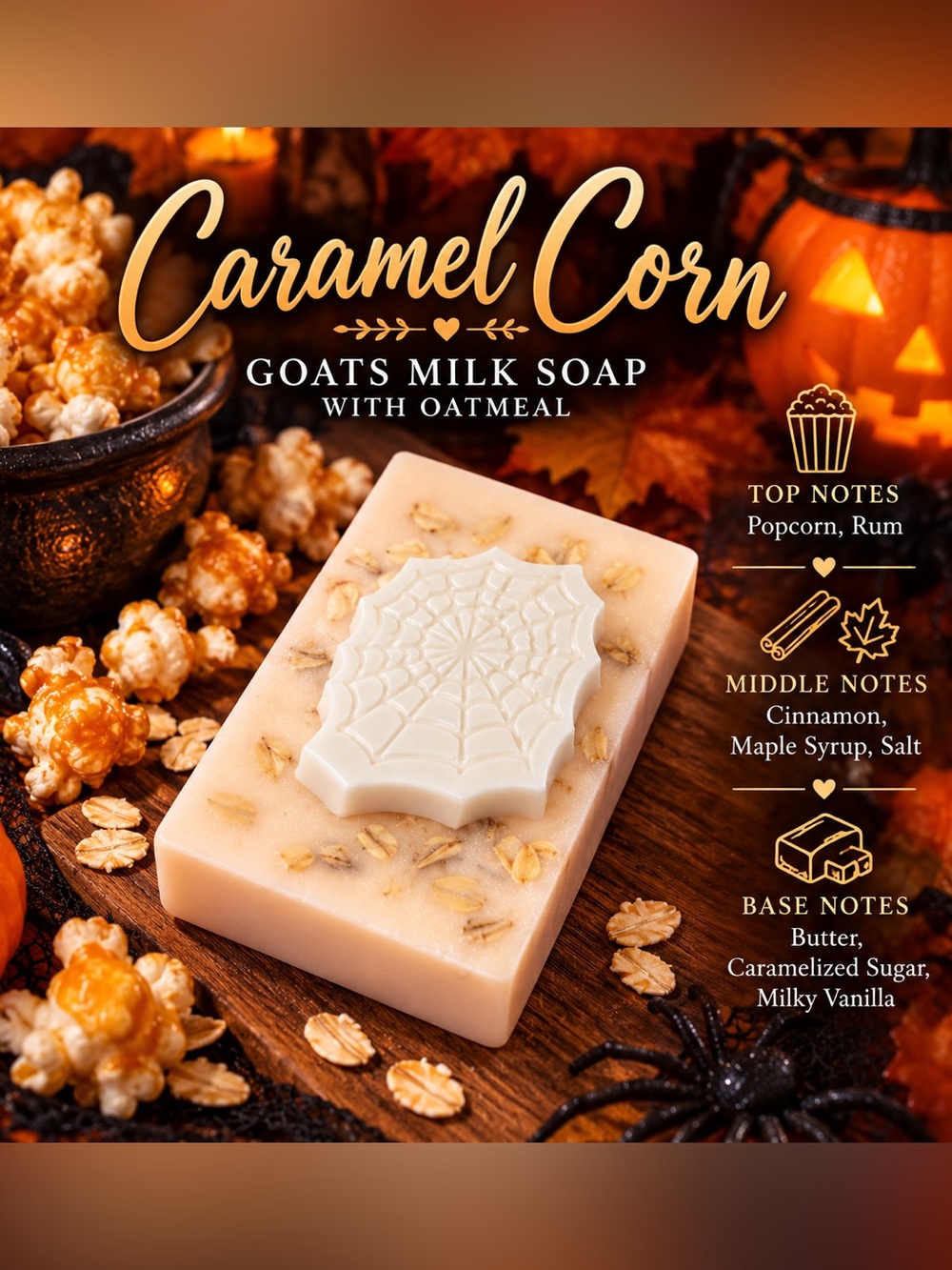 Caramel Corn Scented Goats Milk Soap w/ Oatmeal & Spiderweb Soap Topper